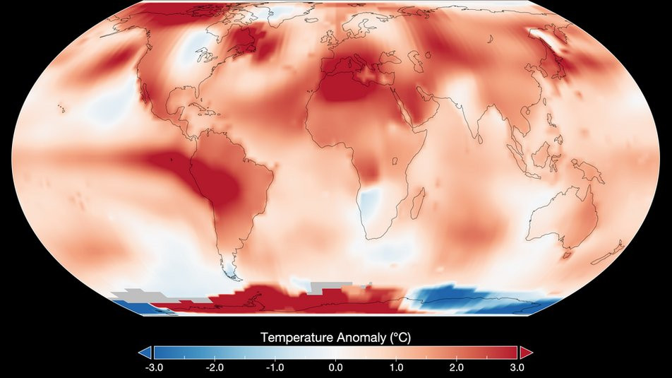 Глобальні температурні аномалії за липень 2023 року згідно з аналізом GISTEMP, проведеним вченими з Інституту космічних досліджень імені Годдарда NASA.